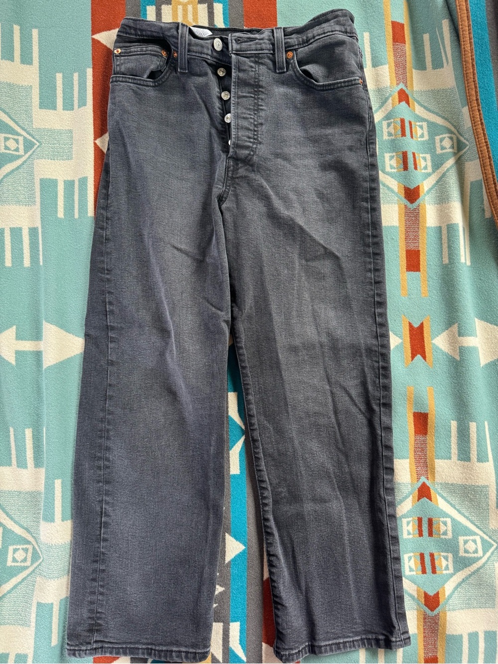 Levi's Charcoal Ribcage High-Rise Button-Fly Cropped Straight Jeans 29